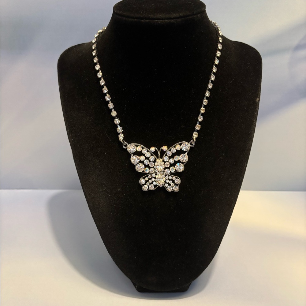 Kirks Folly Silver Tone Crystal Butterfly Necklace 15”+4”
